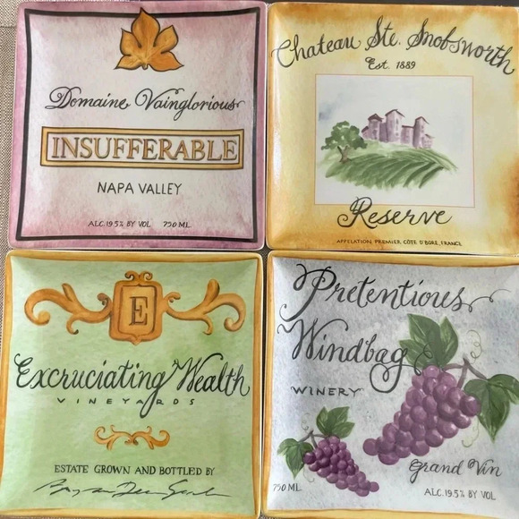 Boston Warehouse Wine Snob Funny Appetizer Dessert Plates Set of 4 Jill Seale - Picture 1 of 9